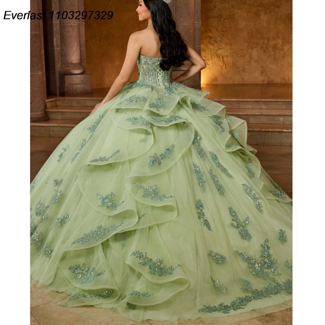 EVLAST Glitter Mint Quinceanera Dress Ball Gown Lace Applique Crystals Beads With Cape Tiered Sweet 16 Vestido De 15 Anos TQD461