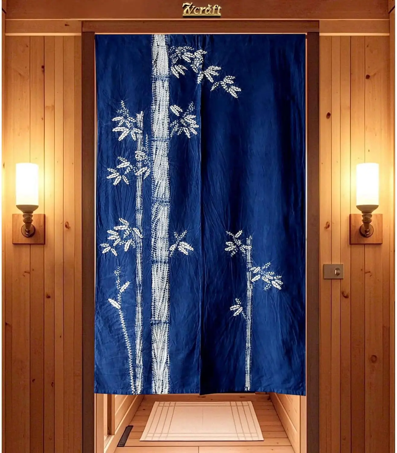 Tranquil Japanese Indigo Curtain, Navy Blue Background Handmade Bamboo Print For Entryway & Study, Zen Oriental Decor Curtain