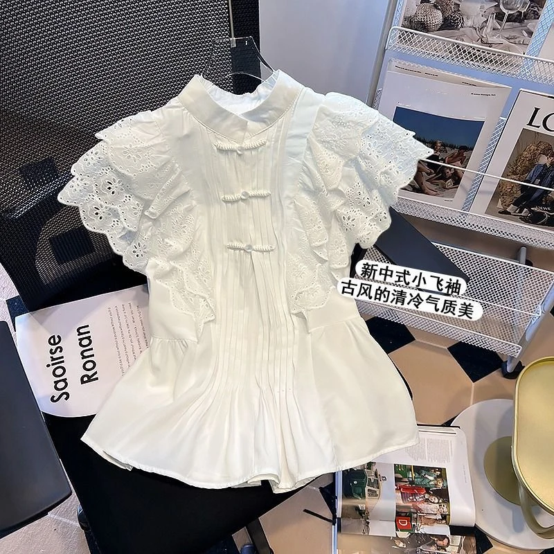 Camisas De Mujer Standing Collar Sleeveless Top Lace Patchwork Small Flying Sleeve Shirt White Summer Crop Sexy Ol Blouse