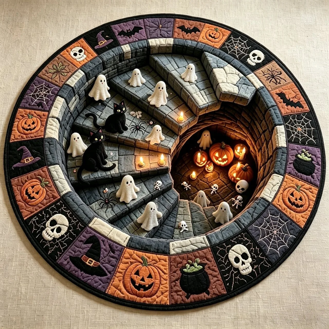 2D Illusion Halloween Round Rug Cute Ghost Black Cat Spiral Stairs Bottomless Pit Area Rug Non-Slip Circle Carpet Living Room