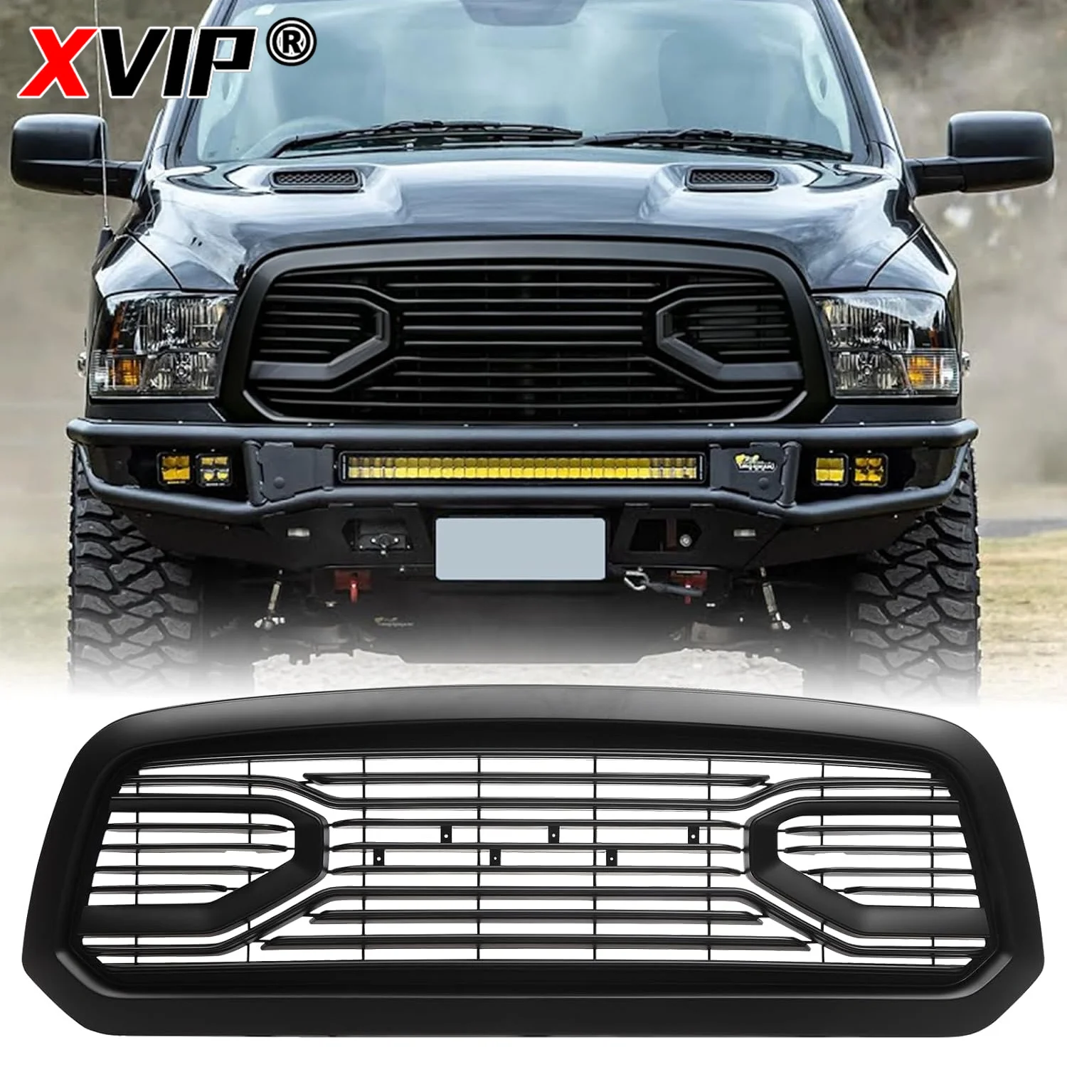 

Front Grille Compatible with 2013 2014 2015 2016 2017 2018 RAM 1500 Big Horn Style, Replacement Grille with Letters, Matte Black