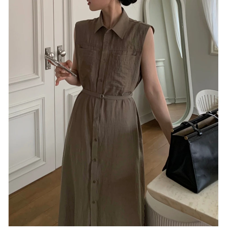 REALEFT Sommer Ärmellose frauen Hemd Kleider Solide Einreiher Elegante Taschen Gerade Kleid Weibliche 2024 Neue