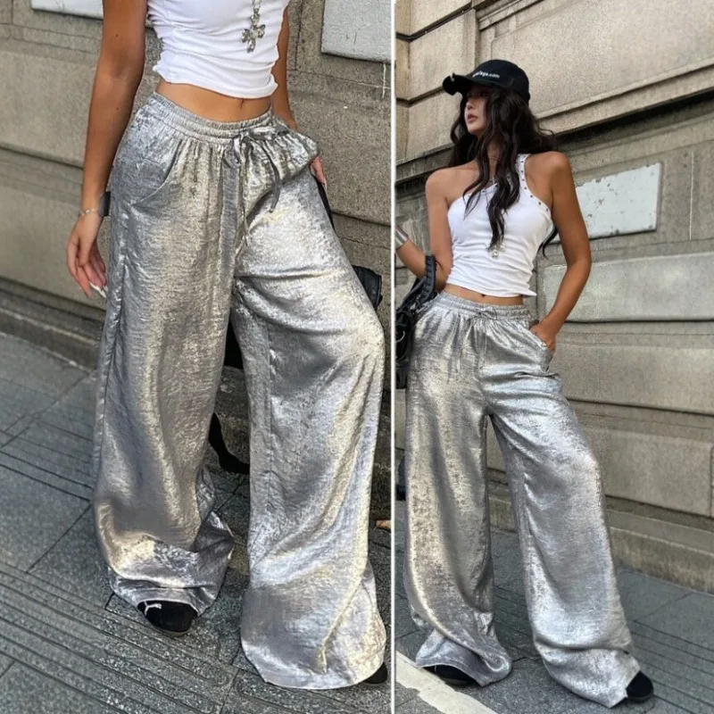 Women Y2K Shiny Bright Wide Leg Pants Elastic Drawstring Long Loose Baggy Trousers for Club Rave Festival Streetwear