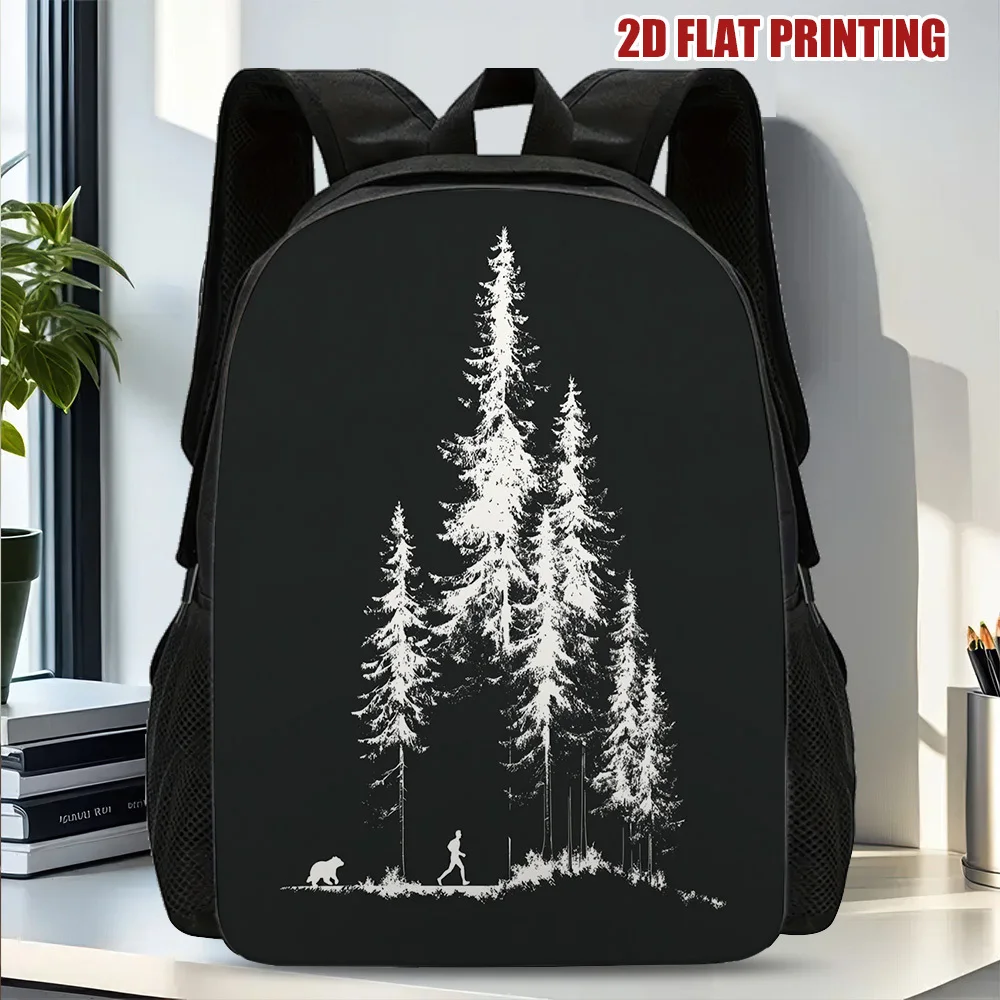 

1 lightweight backpack - minimalist black and white pine design, durable polyester zipper closure, easy-to-clean teen