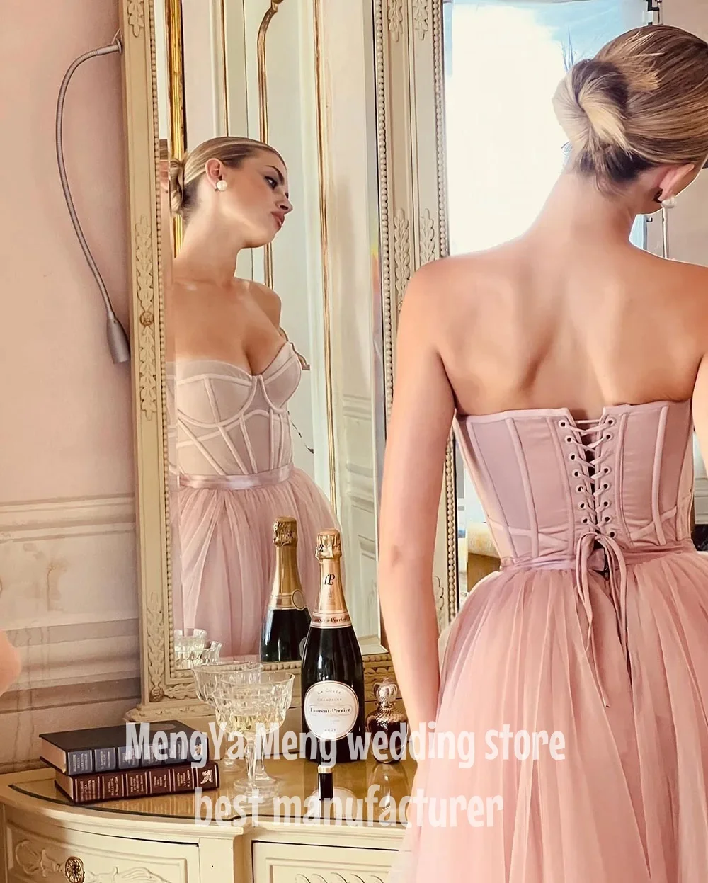ZHUISHU 우아한 핑크 Tulle 댄스 파티 드레스 Strapless a 라인 이브닝 드레스 Sweetheart 민소매 차 길이 공식 가운 맞춤형