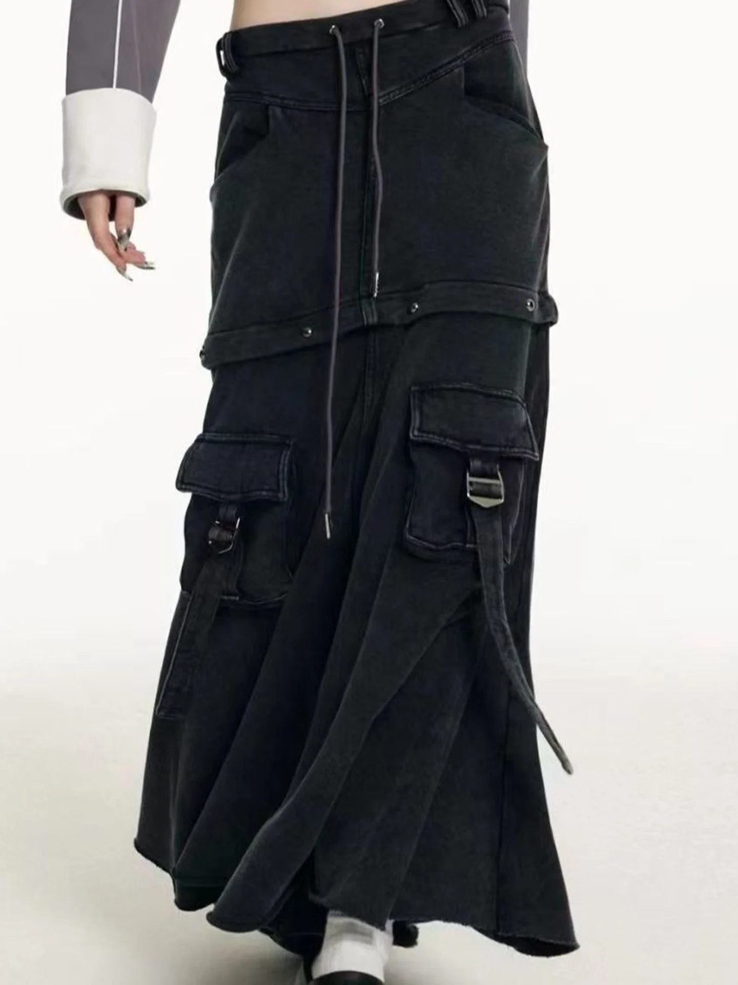Black Detachable Design Jeans  Skirt Women Loose Slimming Fashionable Sexy Two-Way Wear Workwear Long Skirt Trendy