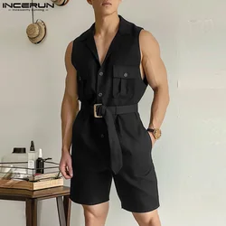 INCERUN 2024 Korean Style Rompers Men's Summer Fashion Jumpsuits Shorts Casual Streetwear Solid Belt Sleeveless Bodysuits S-5XL