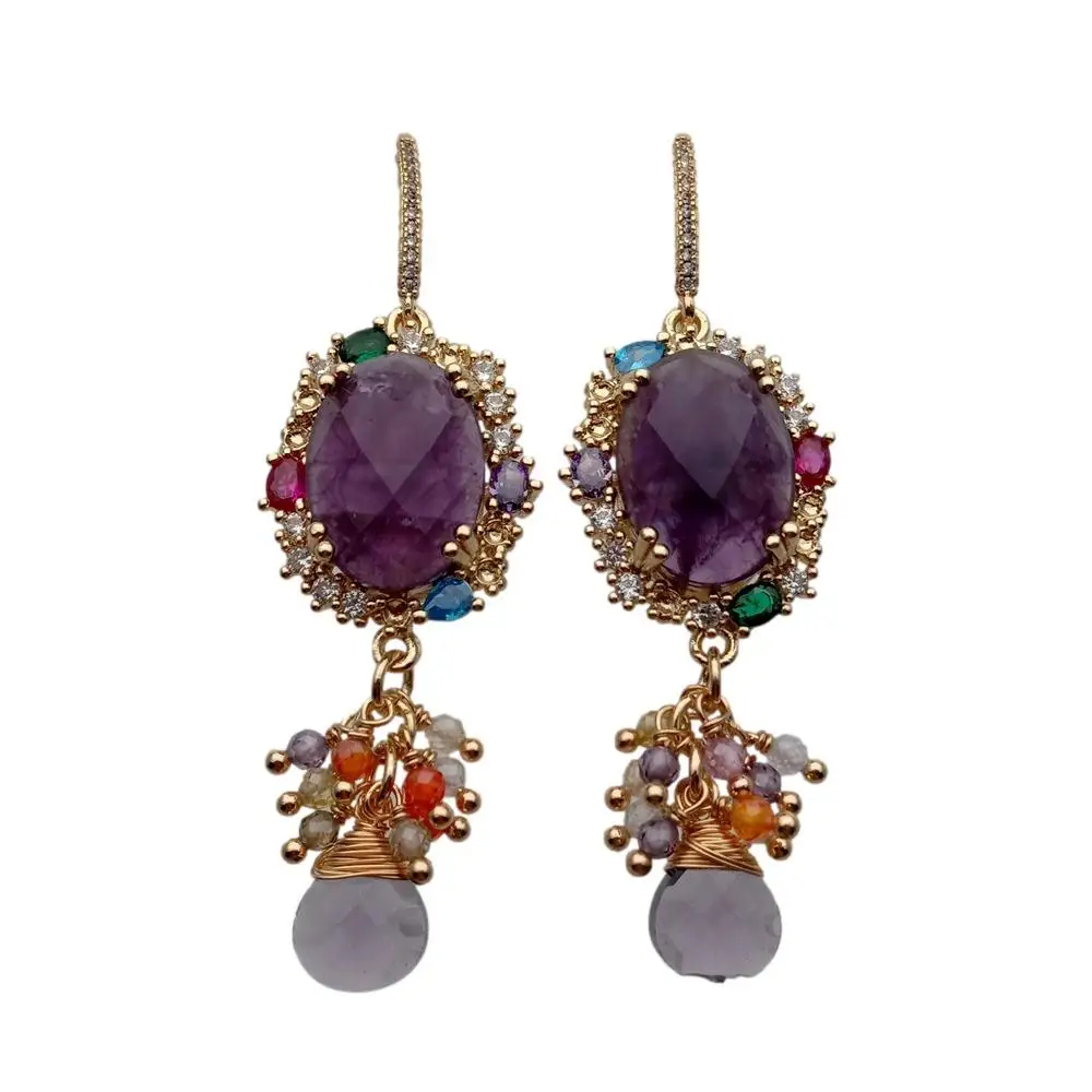 

Y·YING Natural purple Amethyst Oval Multi Color Cubic Zircon Dangle Hook Earrings Gemstone New Earring