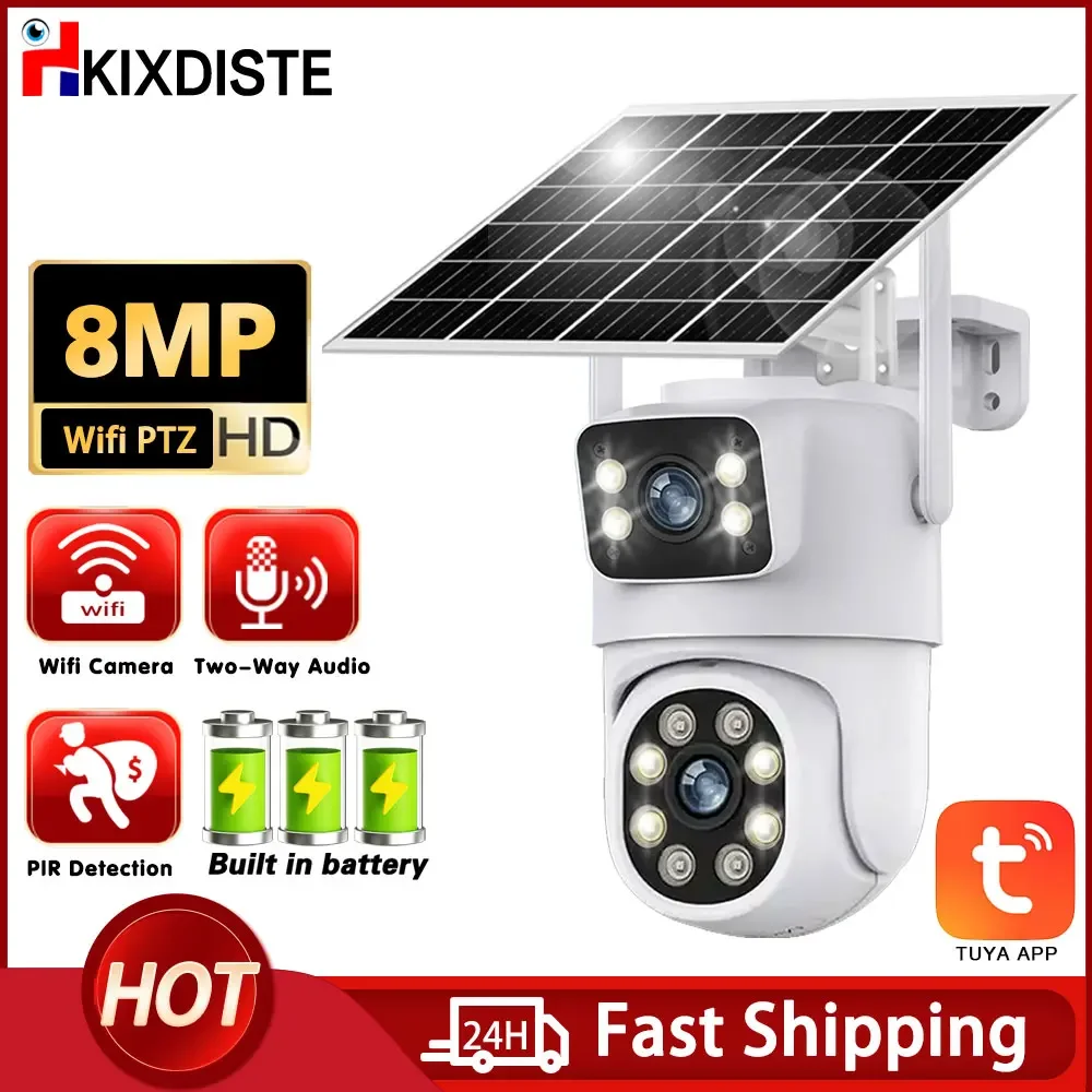 

8MP Wireless Solar Camera 4K Dual lens WiFi PTZ Camera Outdoor Built-in Battery Video Surveillance Camera Long Time Standby Tuya