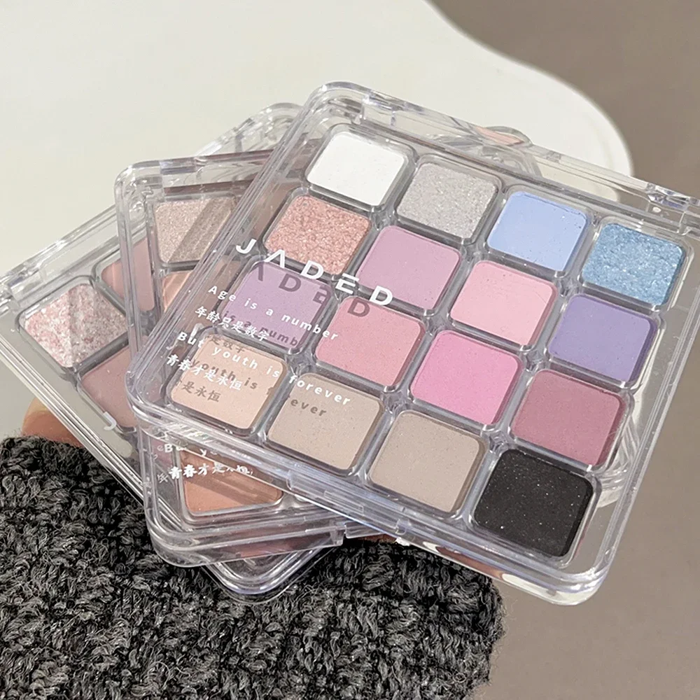 Paleta de sombras com 16 cores, fosca, baixa saturação, à prova d'água, glitter, rosa, azul, sombra de olhos de longa duração, maquiagem cosmética coreana