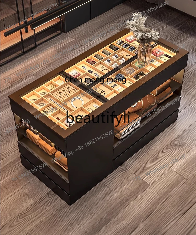 X Cloakroom Center Island Cabinet Jewelry Display Light Luxury Black Home Storage Integrated Island Jewelry Cabinet