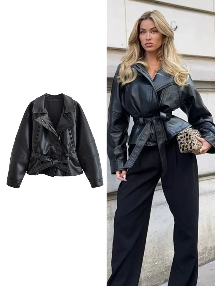 

Women's Vintage PU Faux Leather Short Jacket With Belt Streetwear Fashion High Street Zipper Outwear Casual Solid Pu Coat