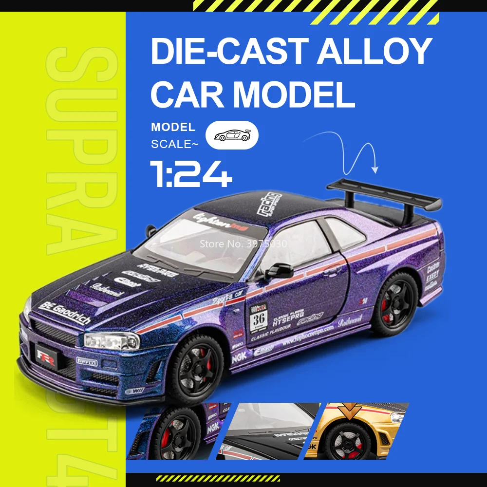 

1:24 Alloy GTR-R34 EVO9 Car Alloy Diecast Miniature Toy Model Doors Opened Front Wheel Steering Vehices Colleague Perfect Gifts