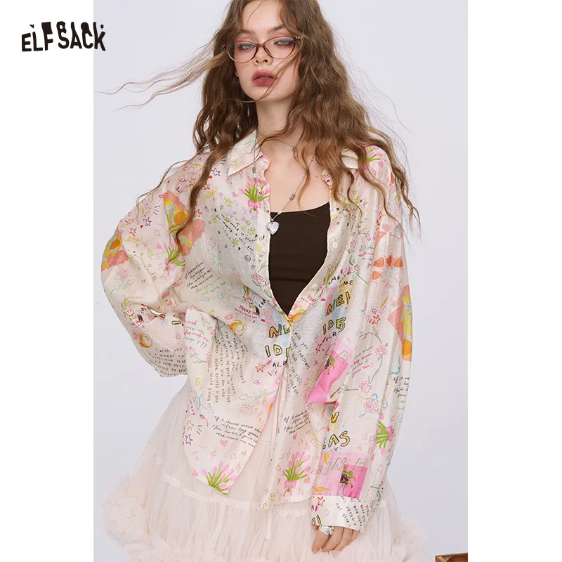 

ELFSACK 2025 Autumn New Arrival Y2K Cartoon Doodle Print Long Sleeve Shirt Relaxed Fit Top For Woman