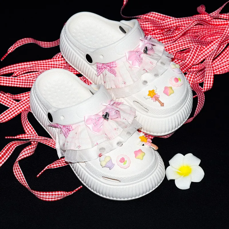 

Розовые сабо на платформе с бантом для женщин, нескользящие, водонепроницаемые, износостойкие, летние домашние пляжные повседневные туфли