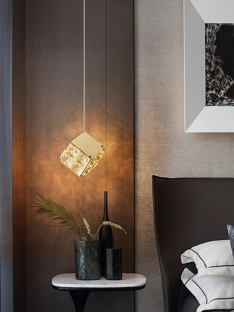 Modern Clear Crystal Cube Pendant Light Gold Chrome Stainless Steel Bedroom Bedside Dining Room Hanging Lamp Dropshipping