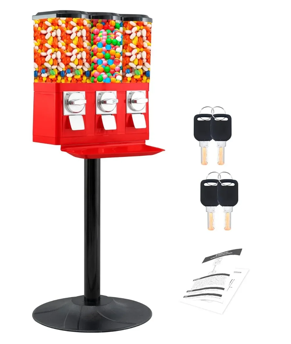 Commercial Candy Vending Machine for Business Triple Candy Machine Dispenser with 3 Removable Coin Operated Canisters and Stand