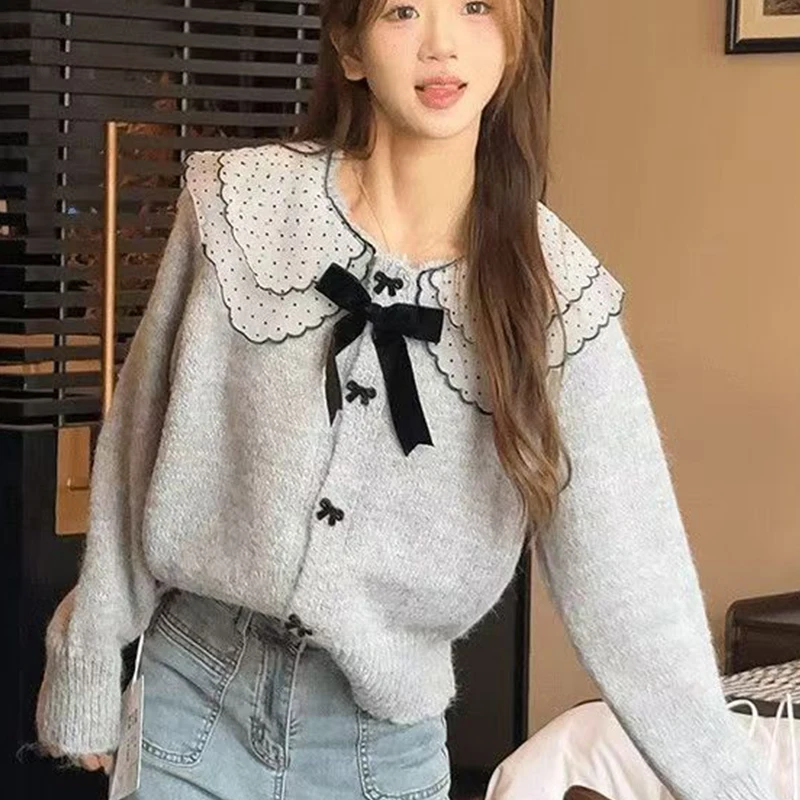 Autumn Winter Doll Collar Long Sleeve Fashion Sweater Women Japanese Casual Loose Button Cardigan Elegant Bow Patchwork Tops