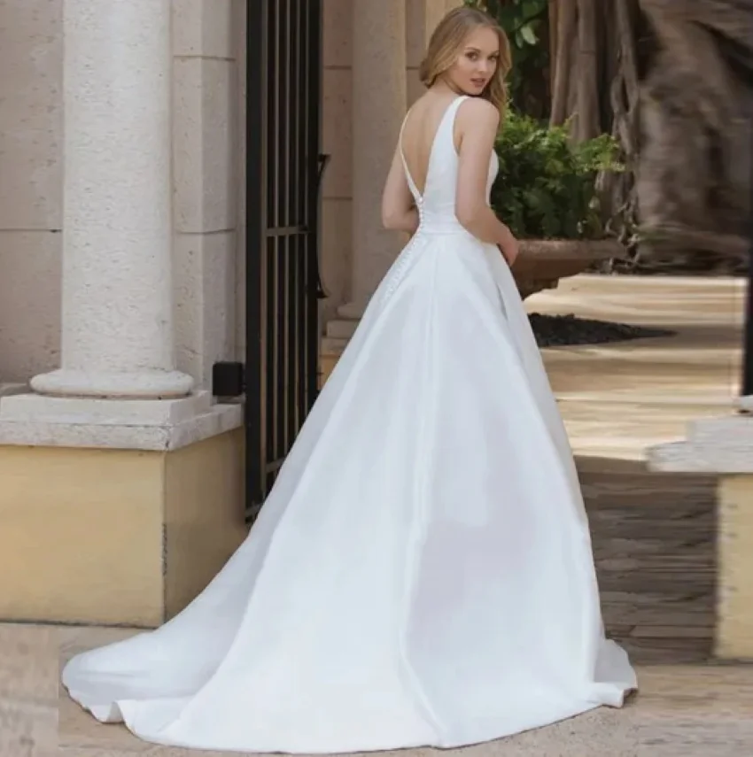 Othray V-Neck Sleeveless Backless Satin Bridal Gown Vestidos De Novia Simple A-Line Wedding Dresses With Pockets Classic