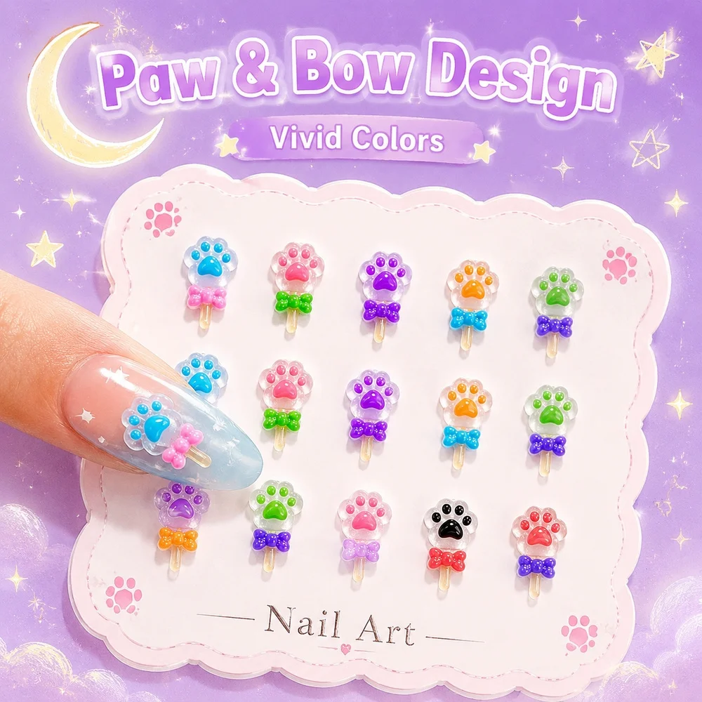 50Pcs Trendy Sweet Girl Nail Charms Cat Paw Bow Magic Wand Resin Parts DIY Teen Girls Nail Art Ornament Kit