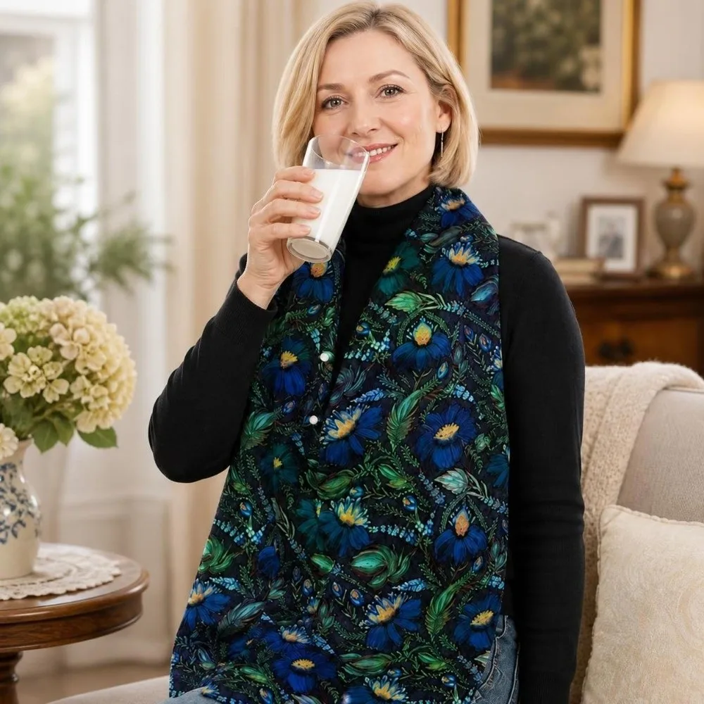 Waterproof Adult Oil-proof Bib Breathable Skin-friendly Floral Print Scarf Bib Washable with Snap Buttons Mealtime Bib Home Care