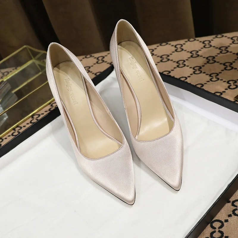 Autumn Fashion New Thin High Heels Shiny Satin Pointed Toe Shallow Mouth  Versatile Wedding Women Thin High Heel Shoes