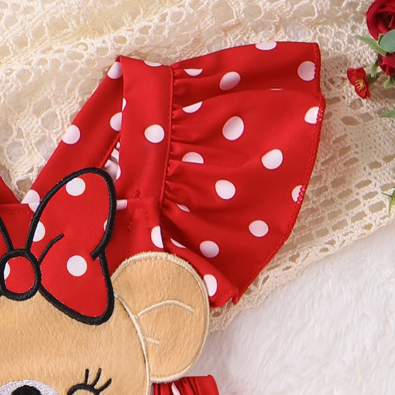 Newborn Baby Girl Romper Dress Red Polka Dot Print Cartoon Animal Ruffle Sleeve Tulle Bodysuit  Outfit