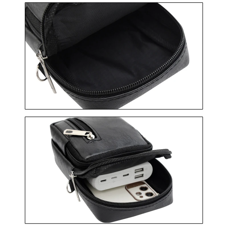 Men Shoulder Bags Black PU Leather Sports Mobile Phone Bag For Male Solid Color Zipper Crossbody Bag Casual Small Bags