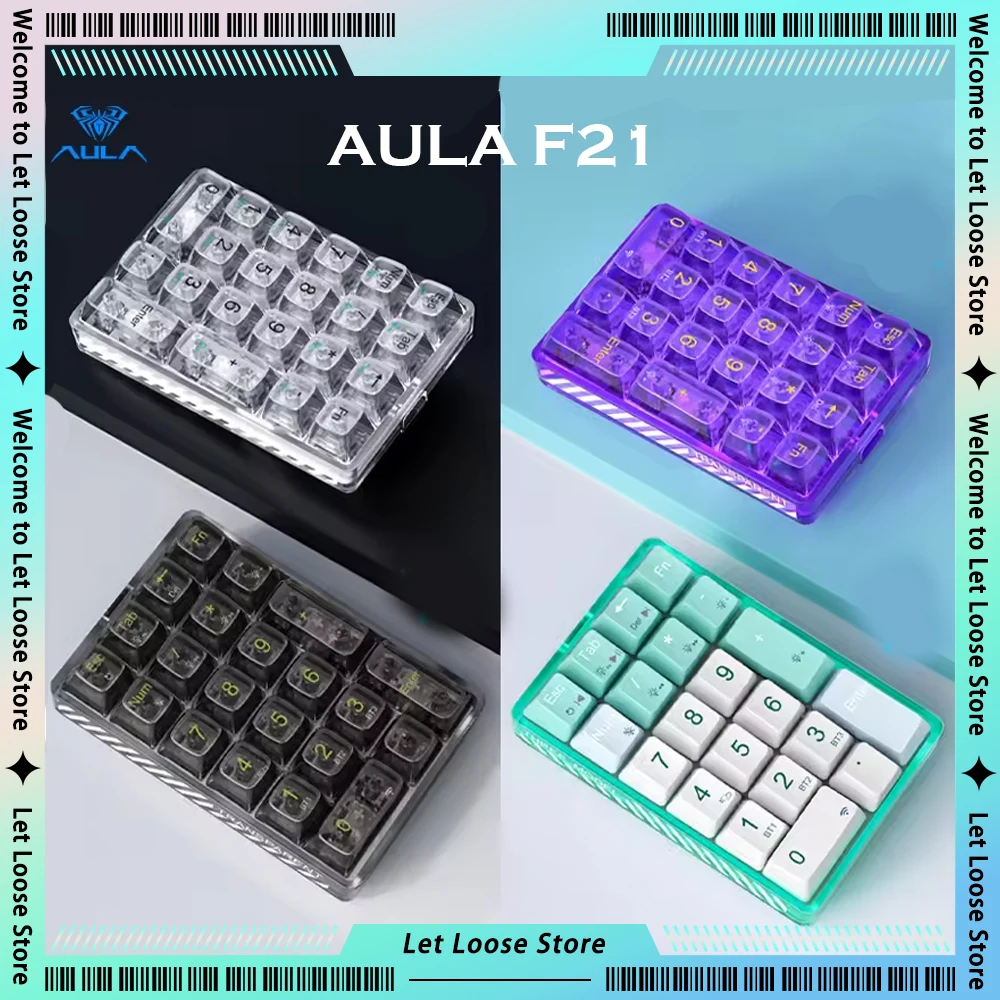 AULA F21  Wireless Numeric Keypad White Backlight Transparent Mini 21 Keys Numeric Keyboard Bluetooth Mechanical Gamer NumberPad