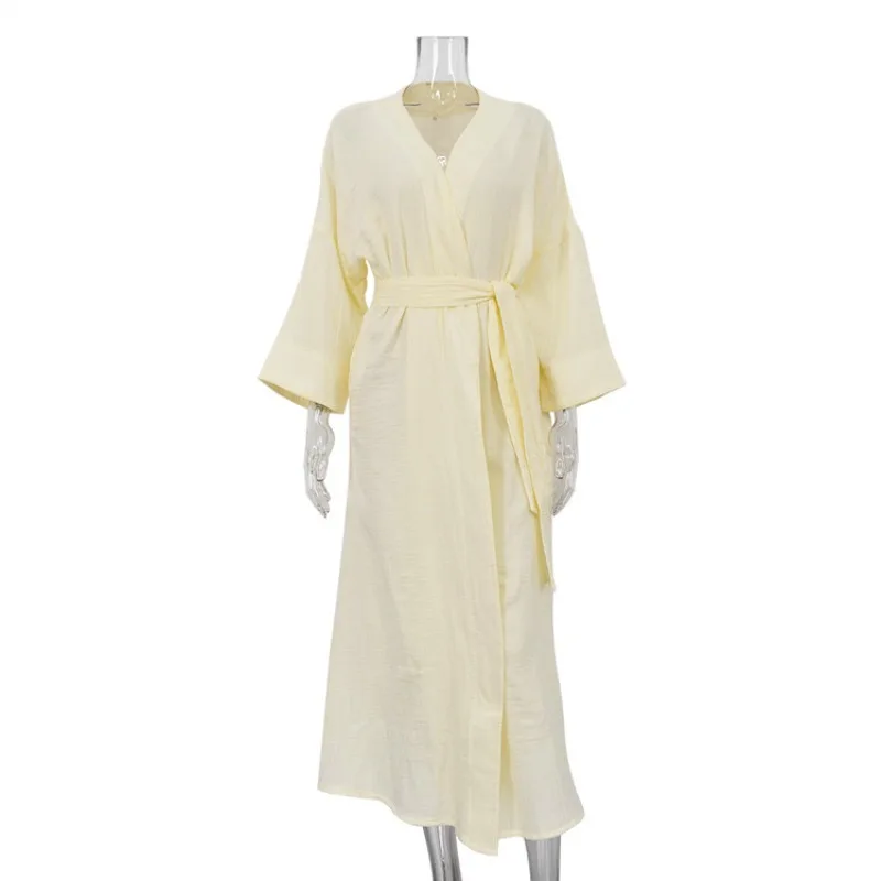 European American Pure Cotton White Cardigan Lace Up Long Bathrobe Relaxed Fit Comfortable Pajamas Loungewear Robe Sleepwear