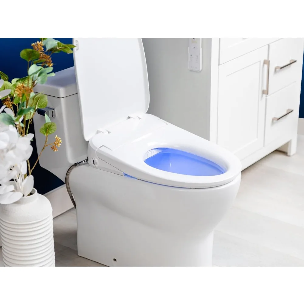 Bidet Toilet Seat  White,Ultra Low Profile,Endless Warm Water,Arced Stainless Steel Nozzle,Blue LED Nightlight,Dryer