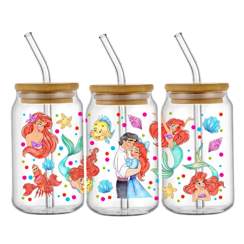 Ariel Mermaid Princess 16oz UV DTF Cup Wrap Cartoon Libbey Glass Can Tumbler Transfer Stickers Waterproof Permanent Adhesive