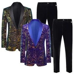 New Men High Quality Wedding Banquet Sequin Suit 2 Piece Set Black / Blue Fashion Men Luxury Gold Velvet Blazer and Trouser