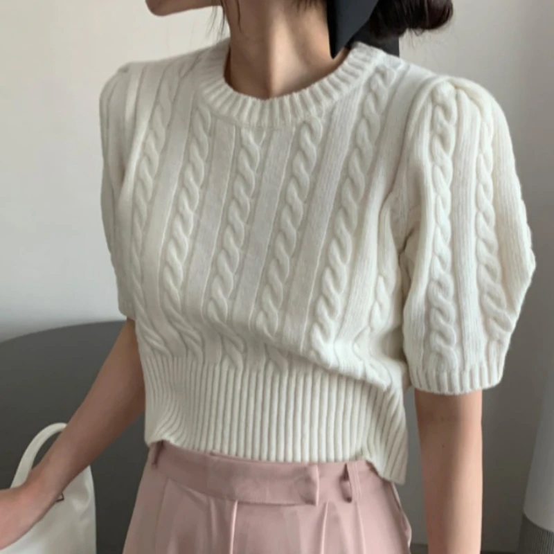 OCEANLOVE Puff Sleeev Solid Sweaters Women Tops Korean Fashion Chic Simple Pull Femme Spring Summer Sweet Short Pullovers