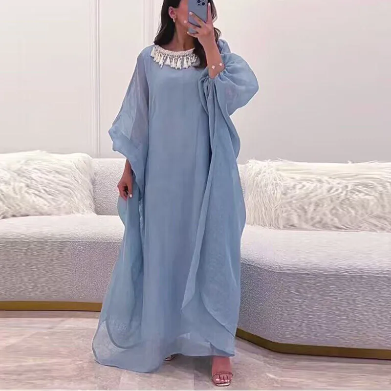 Vintage Cotton Linen Fashion Loose Maxi Dress Elegant O Neck Tassel Loose Pullover Dress Casual Women Lantern Sleeve Long Dress