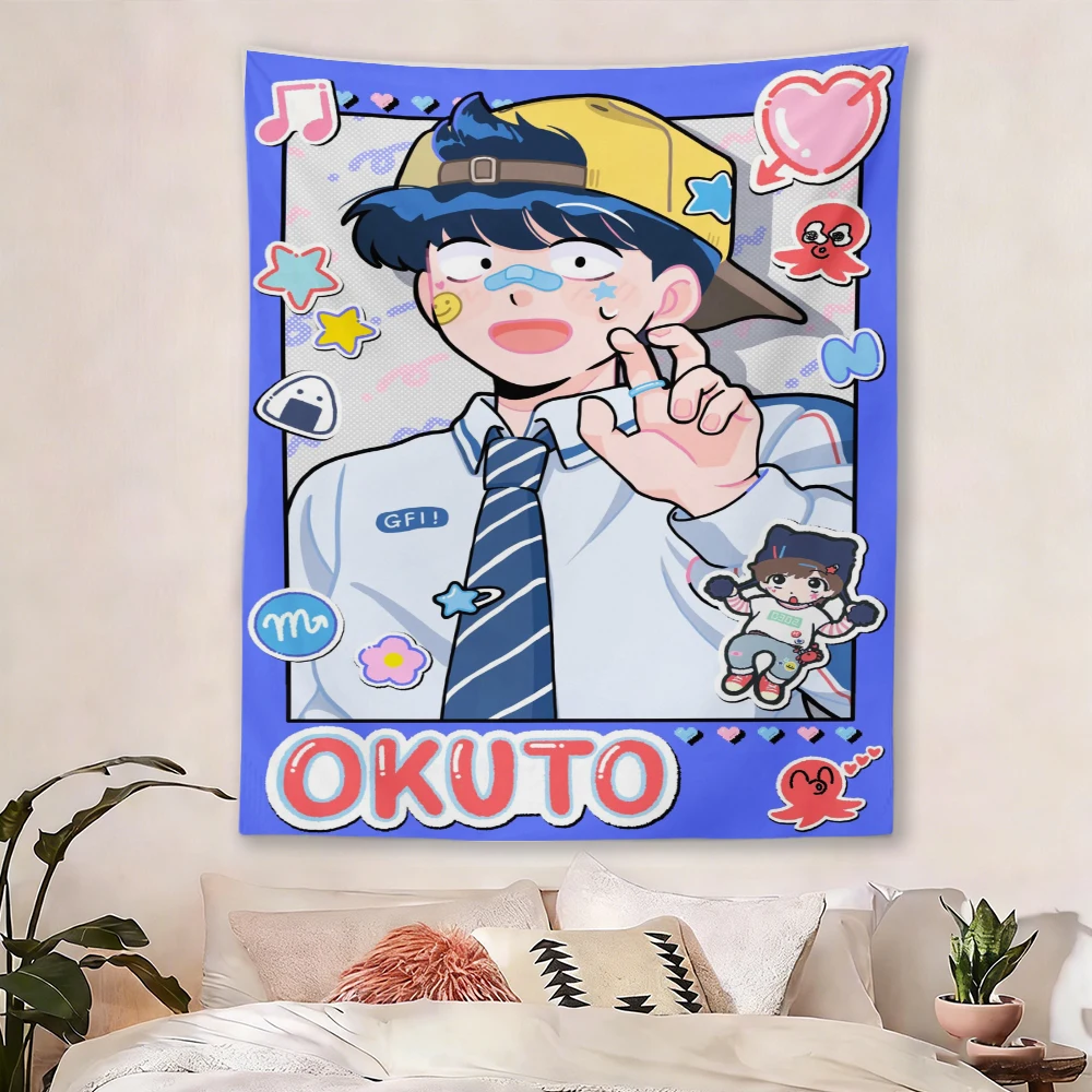 Ganbare Nakamura Kun OKUTO Tapestry, Cute Sticker Frame Cartoon Boy Wall Hanging for Bedroom Dorm Aesthetic Decor