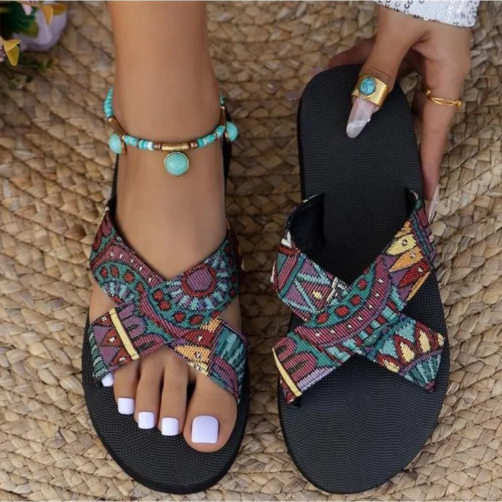 Women Print Flats Slippers Shoes 2024 Summer Open Toe Sandals Female Fashion Slingback Flip Flops Shoes Brand Mujer Beach Slides