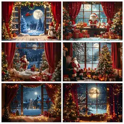 Christmas Window Santa Claus Backdrops Winter Christmas Tree Curtains Moon Night Lights Xmas Eve New Year Photography Background