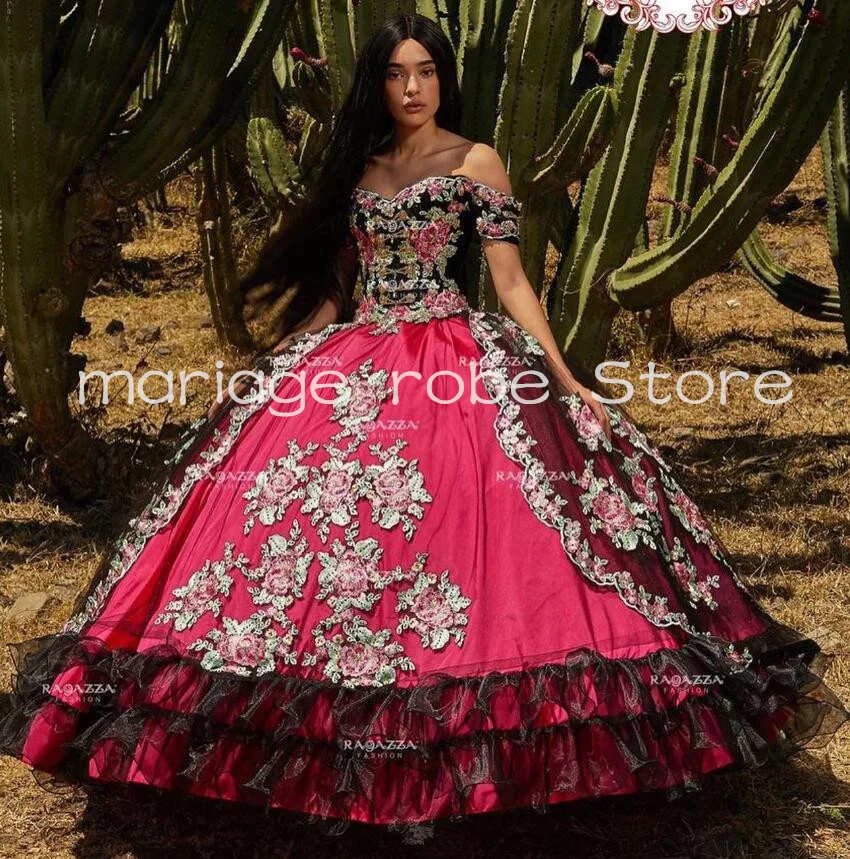 Fuchsia Charro Quinceanera Dresses Off Shoulder Floral Applique Organza Dead theme Mexican vestidos de 15 quinceañera negro