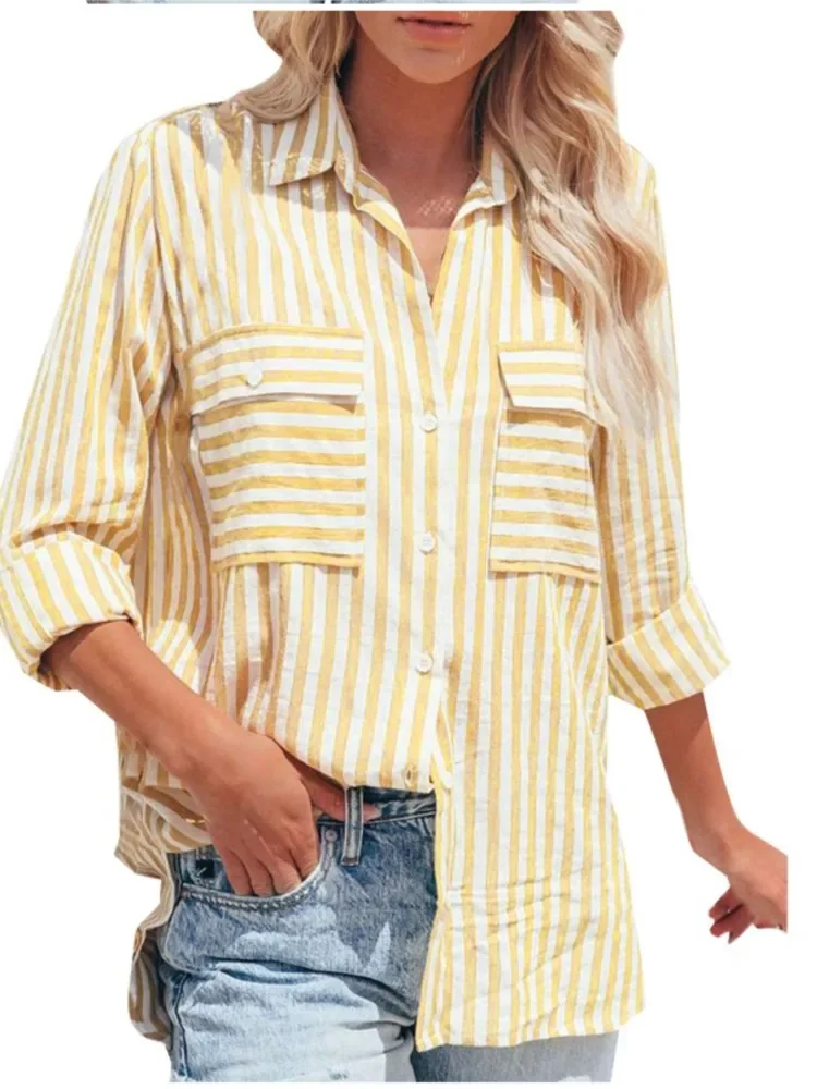 

Women's Spring Summer New Item Linen Cotton Washed Water Striped Single Breasted Long Sleeved Shirt With Pockets For Women