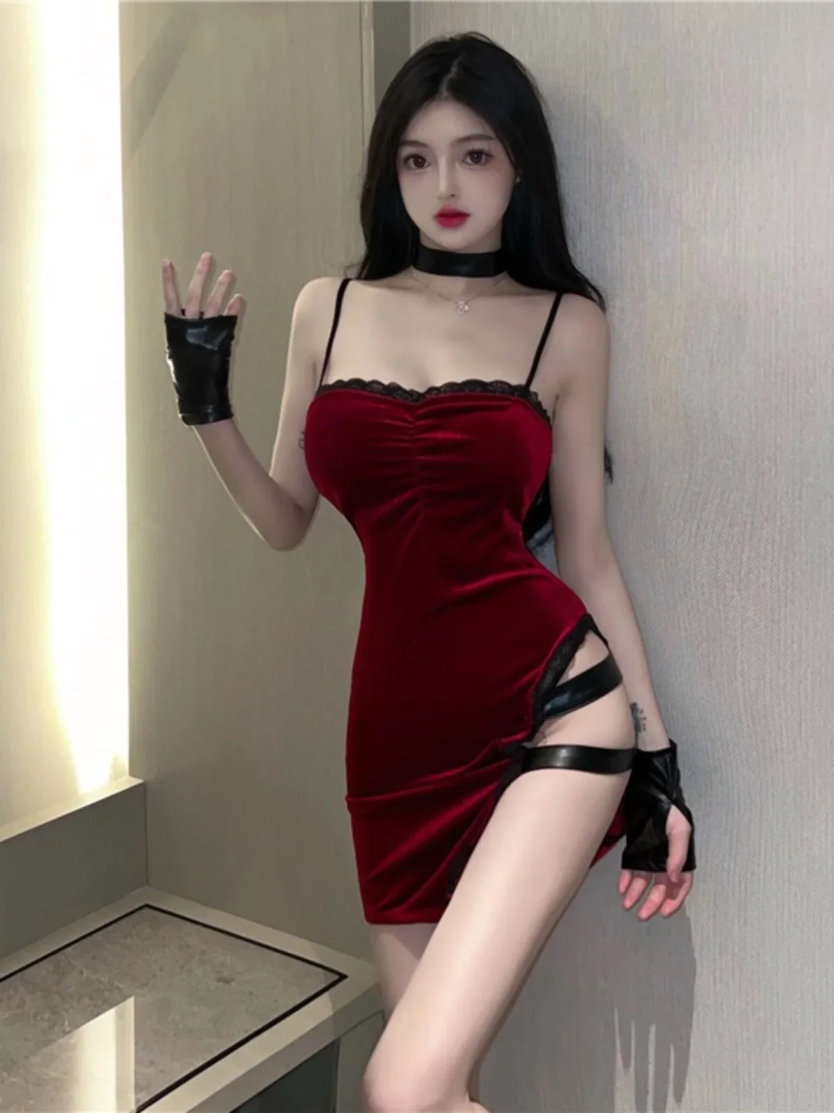 

New Harajuku Cool Girl Fashion Sexy Lace Edge Sling Slit Hollowed Out Slim Fit Dress Hot Girl Temperament Slim Kawaii Red Dress