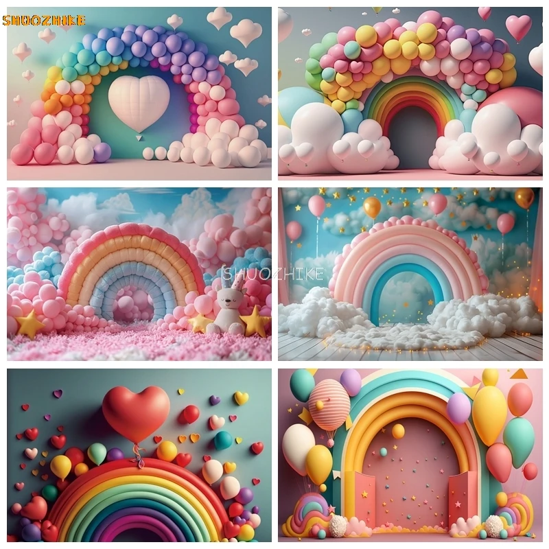 

Newborn Baby Portrait Backdrop 3D Colorful Air Balloon Cloud Boy Girl 1st Birthday Party Cake Smash Background Photography Props