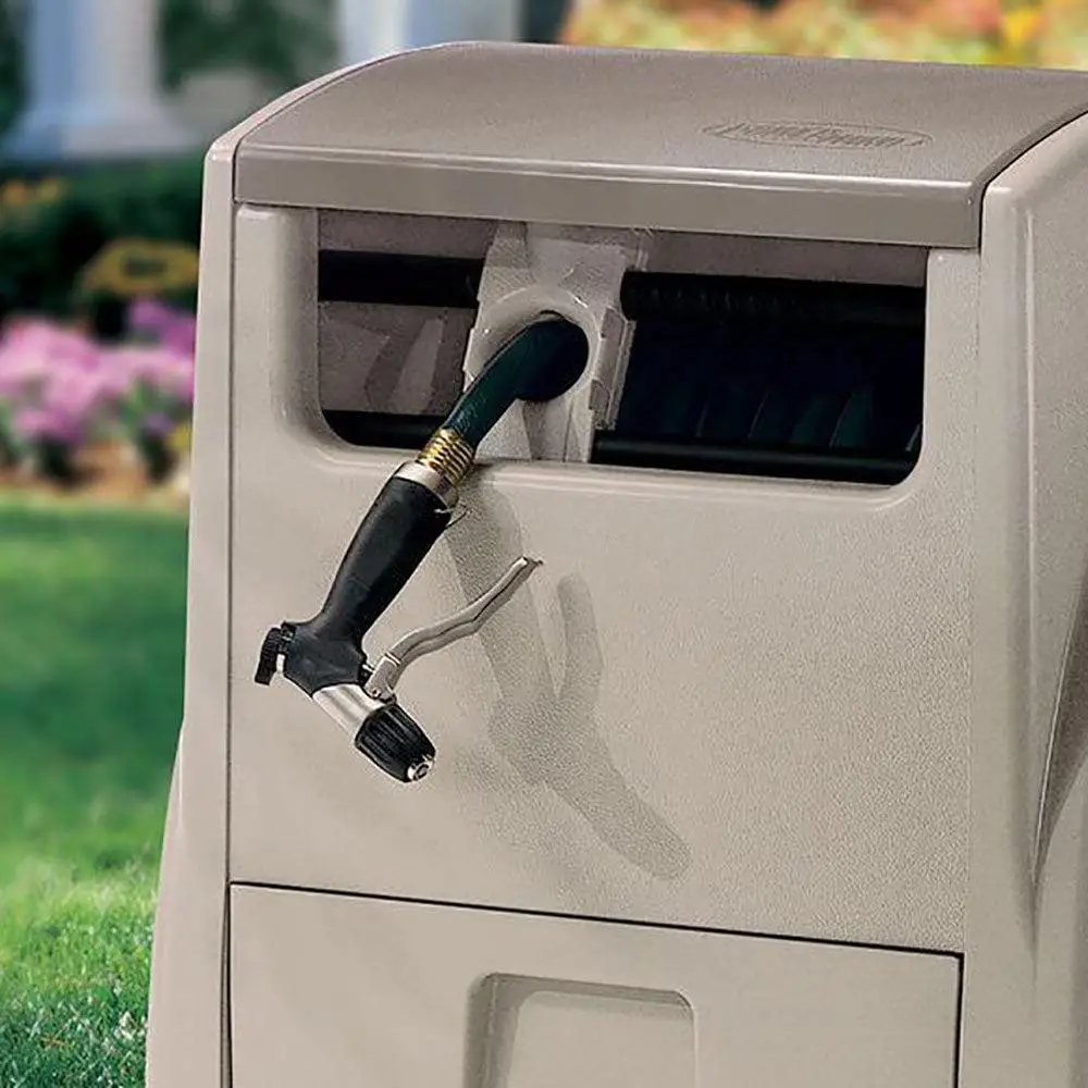 Automatic Power Rewind Hose Reel 100ft with Foot Pedal Smart Trak Technology Rechargeable Battery Storage Bin Manual Crank Easy