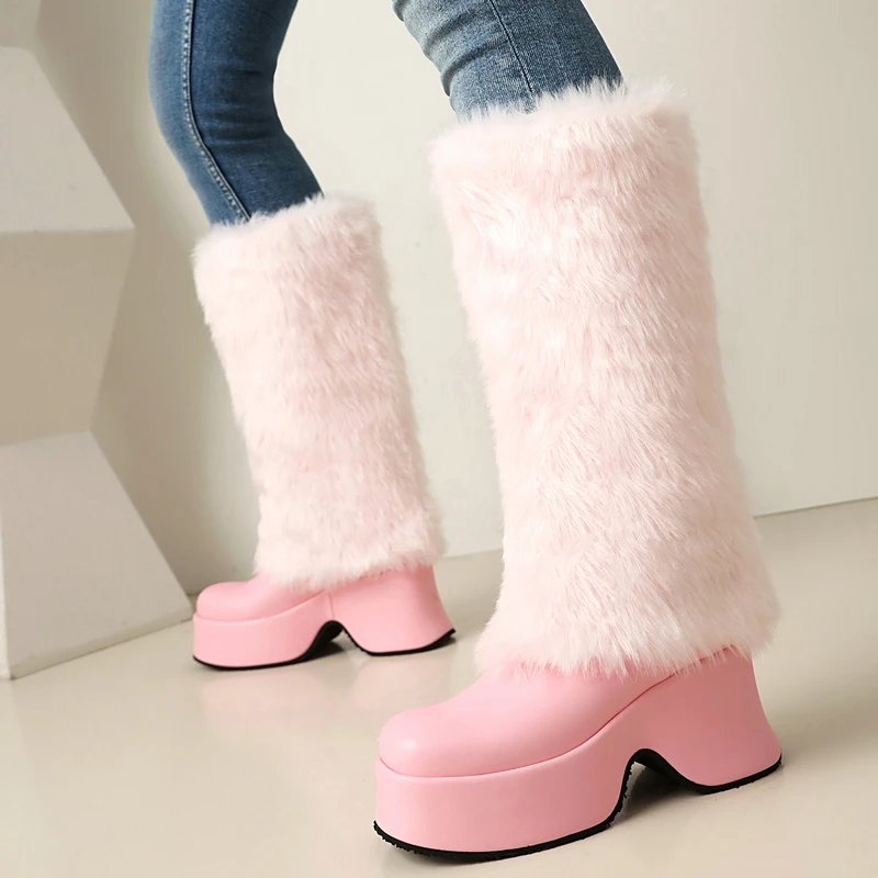 Bottes de neige chaudes à hauteur du genou pour femmes, rose, blanc, fausse fourrure, plate-forme, compensées, talons hauts, fourrure, designer, chaussures d'hiver