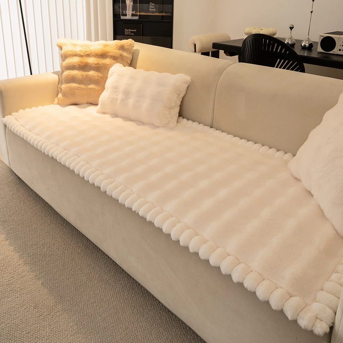 Engrossar listra ligação imitação de pele de coelho de pelúcia sofá slipcover antiderrapante macio sofá toalha almofada sala de estar decoração moderna