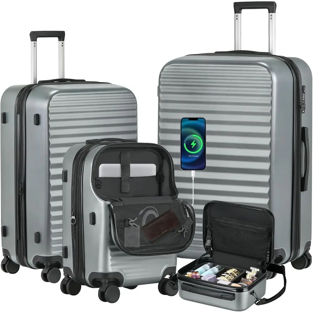 

Набор из 4 чемоданов-спиннеров с замком TSA, корпусом из ABS-пластика и колесами (20/24/28 дюймов, серый)