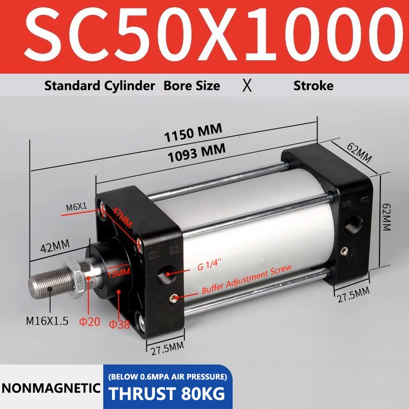 ABILKEEN SC50X1000 Standard Pneumatic Cylinder 50mm Bore Size X 1000 MM Stroke Double Acting Air Standard Cylinder