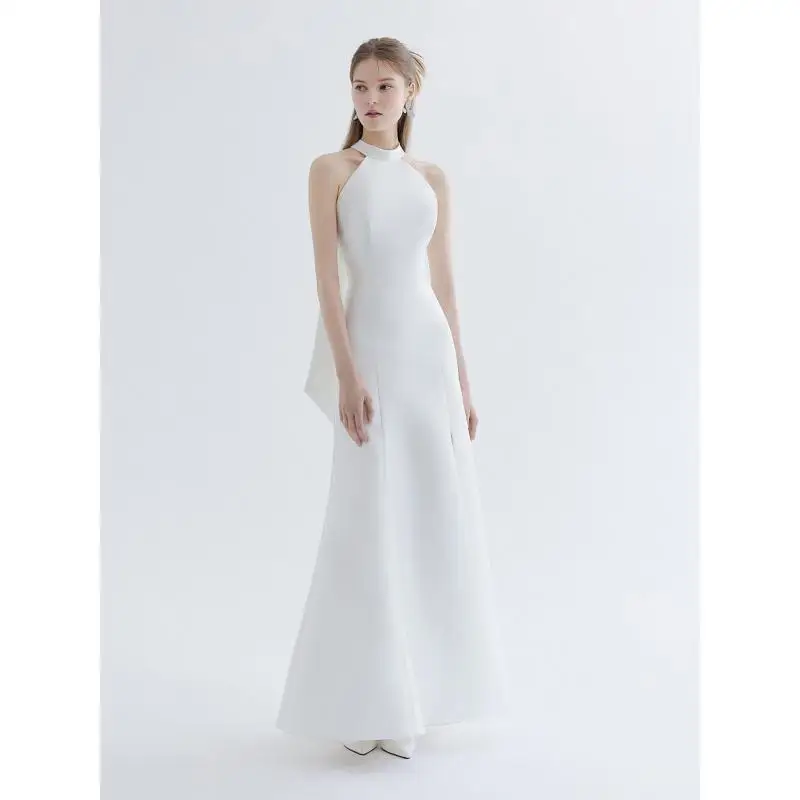 

Satin Evening Gown Temperament Hanging Neck Fishtail Skirt Slim Fit Slit Sexy Backless Simple Light Wedding Dress Customized