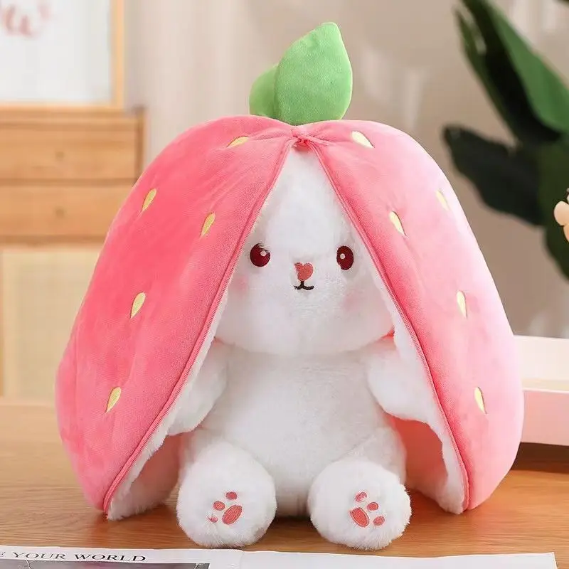 18CM Creative Carrot Strawberry Bag Transform To Rabbit Plush Toys Lovely Long Ears Bunny Stuffed Soft Doll Kawaii Kids Gifts