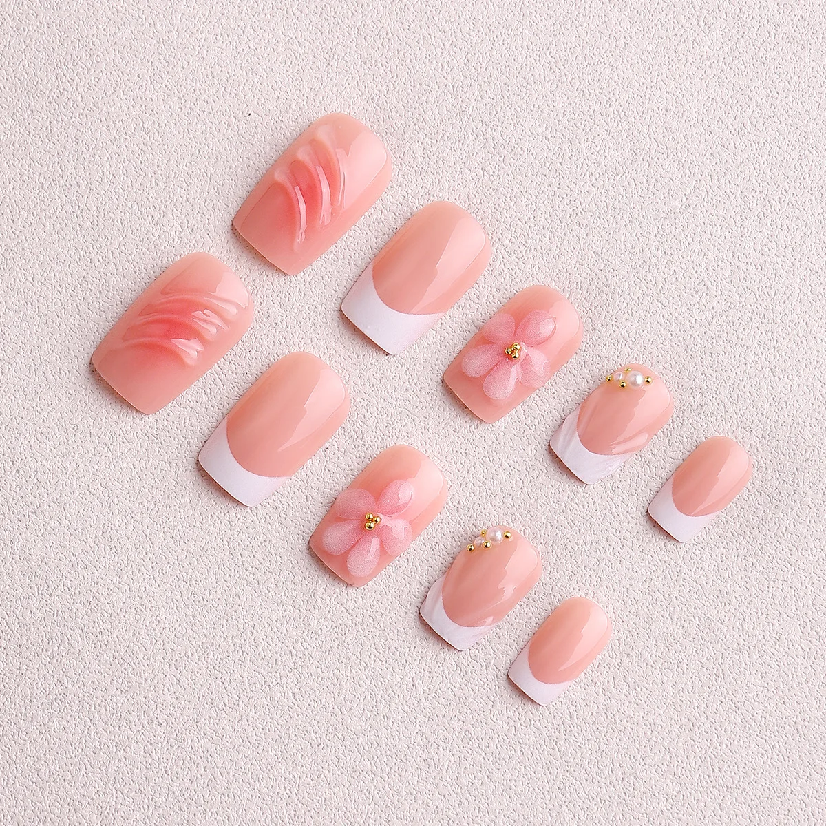 

24PCS Simple White French False Nails with 3D Sweet Pink Carved Flowers Ripples Fake Nails for Women Short Square Press on Nails